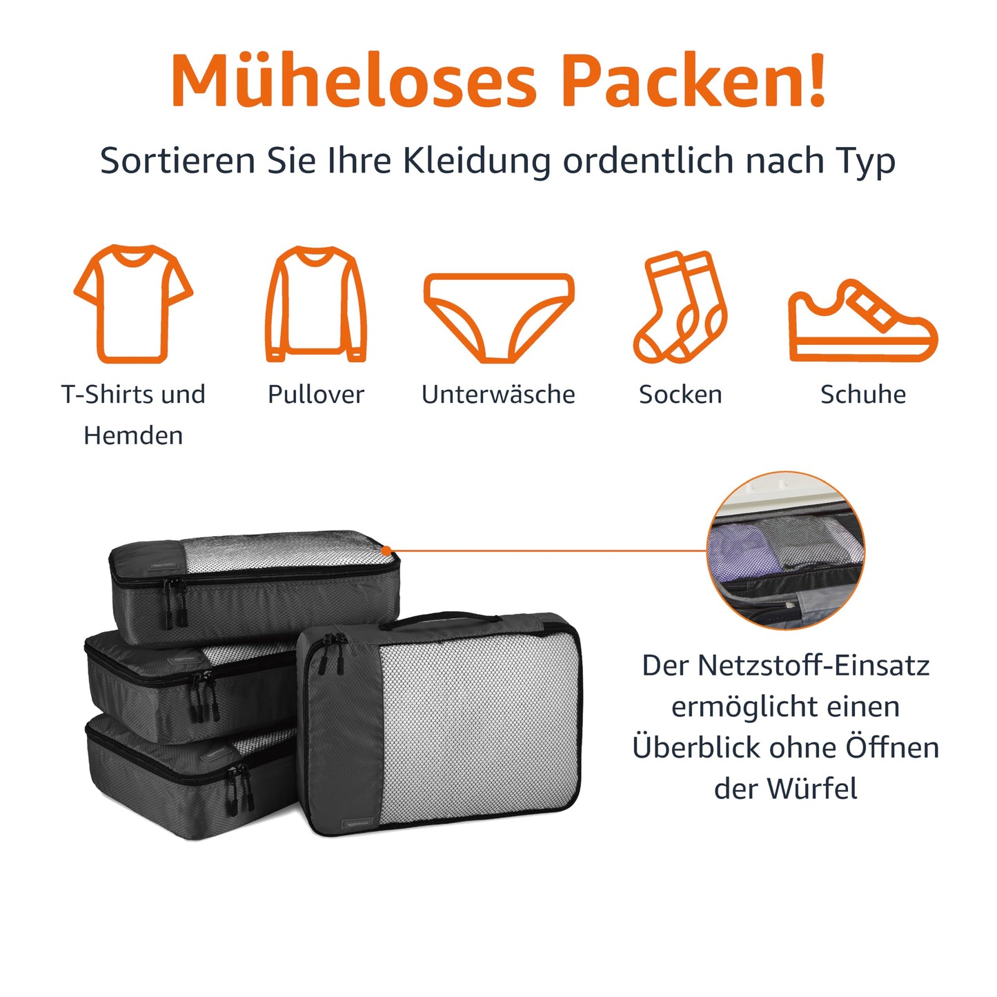 👉 Packwürfel Set für Koffer – 4-teiliges Reise-Organizer Set mit Reißverschluss, mittelgroß, Schwarz