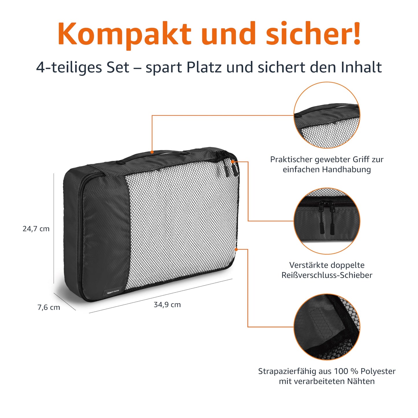 👉 Packwürfel Set für Koffer – 4-teiliges Reise-Organizer Set mit Reißverschluss, mittelgroß, Schwarz