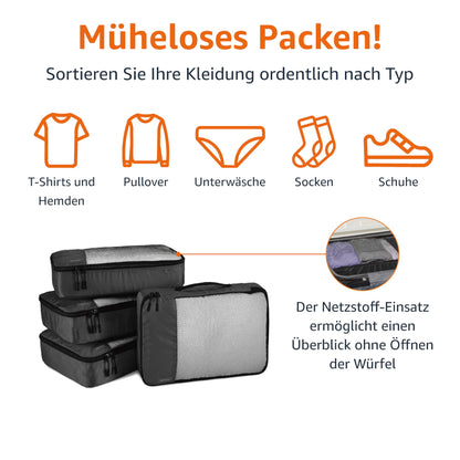 👉 Packwürfel Set für Koffer – 4-teiliges Reise-Organizer Set mit Reißverschluss, mittelgroß, Schwarz