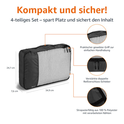 👉 Packwürfel Set für Koffer – 4-teiliges Reise-Organizer Set mit Reißverschluss, mittelgroß, Schwarz